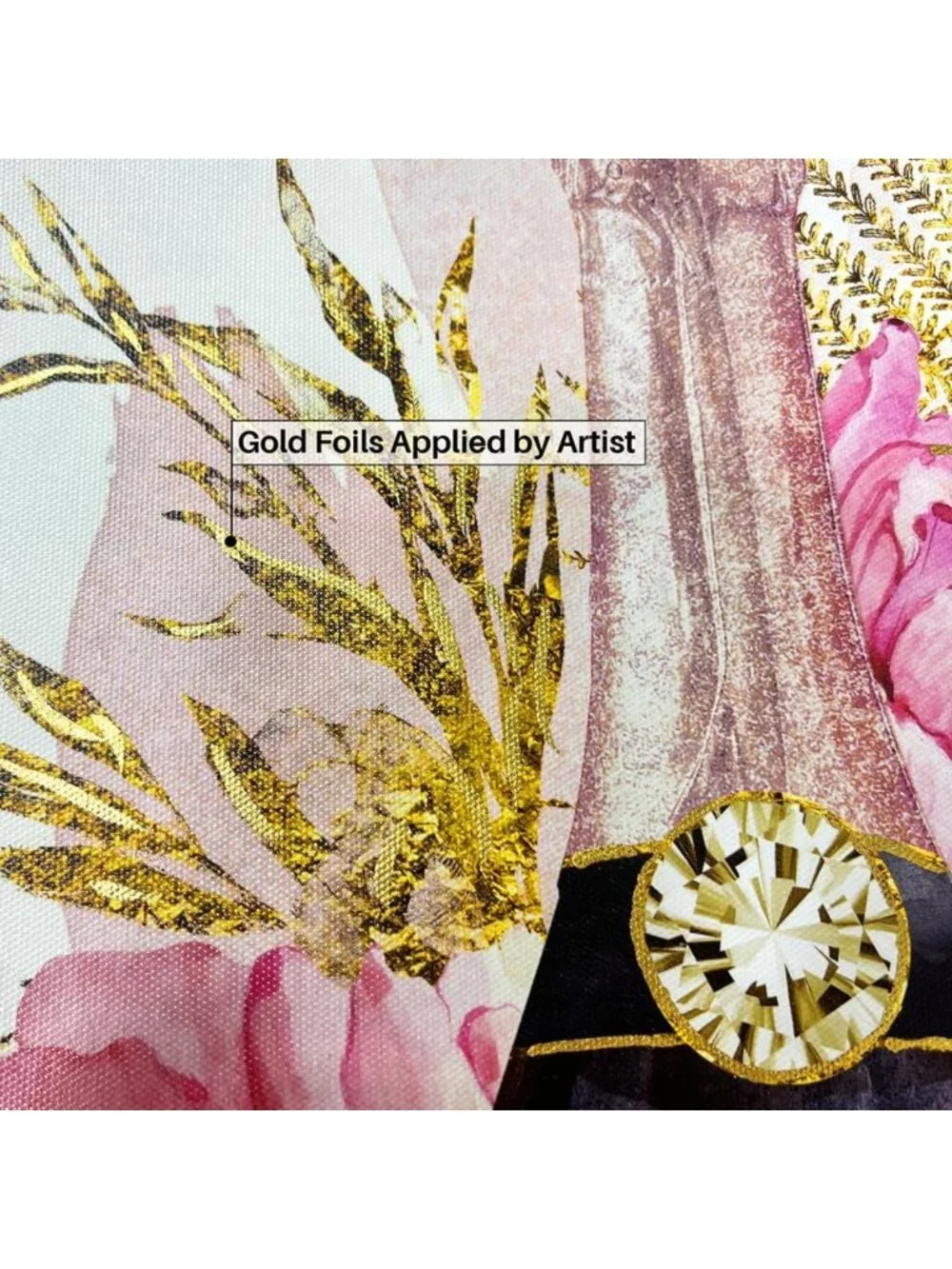 Chic Champagne Canvas Art with Pink Peony & Gold Foil - Glam Floral Wall Decor